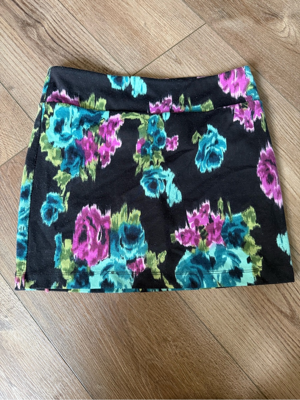 Forever 21 Black Mini Skirt with Teal, Purple, and Green Floral Print